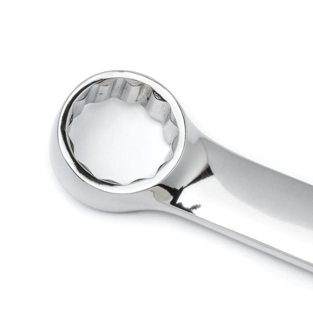A close-up view of the 12-point box end of a GEARWRENCH combination wrench, emphasizing the high-quality full-polish chrome plating and the off-corner loading design for improved fastener grip.