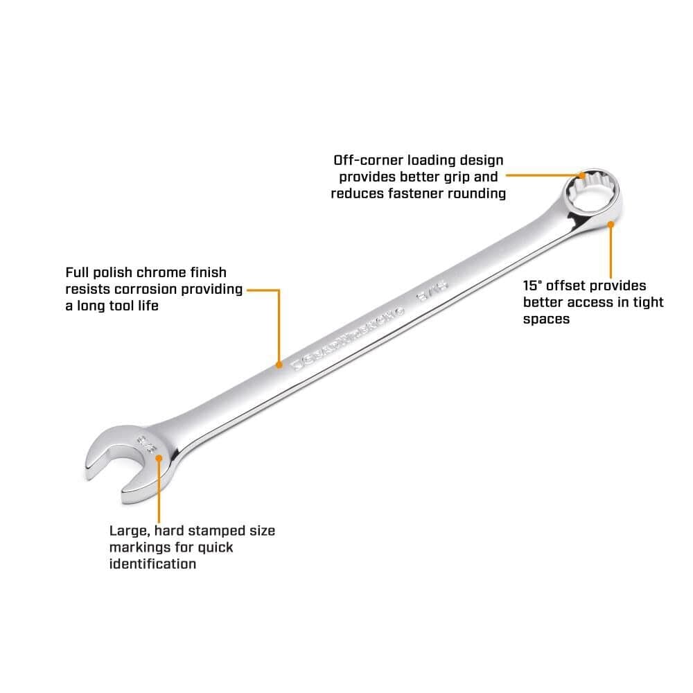 An informational marketing graphic of a GEARWRENCH SAE wrench identifying key professional features including the corrosion-resistant full-polish finish, off-corner loading design, hard-stamped markings, and 15-degree offset box end.