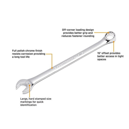 An informational marketing graphic of a GEARWRENCH SAE wrench identifying key professional features including the corrosion-resistant full-polish finish, off-corner loading design, hard-stamped markings, and 15-degree offset box end.