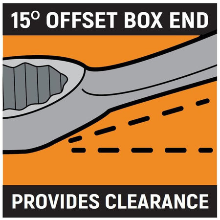 A marketing graphic illustrating the 15-degree offset box end of the wrench and how it provides critical clearance between the user's hand and the work surface for safer operation.