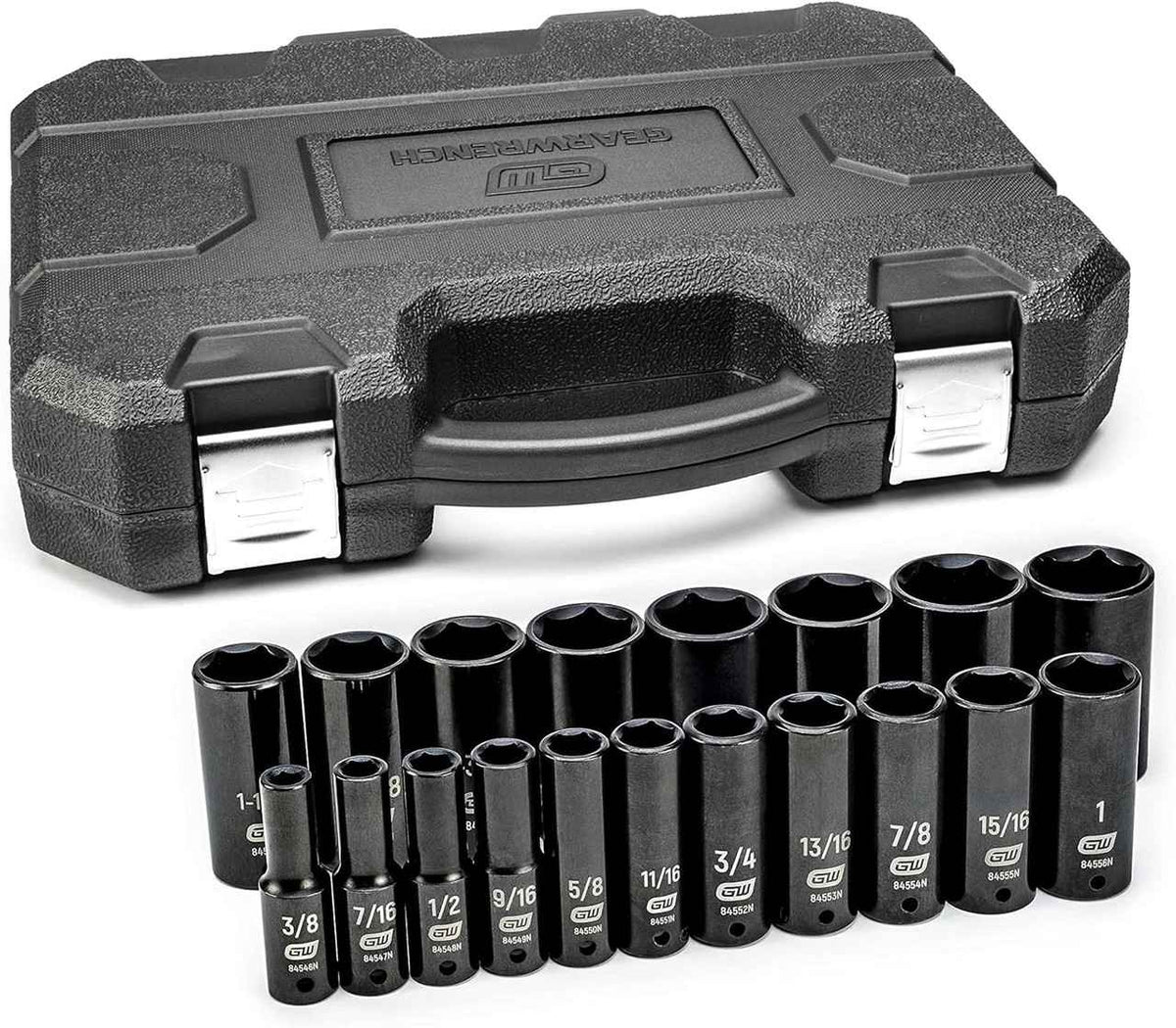 The complete GEARWRENCH 19-piece 1/2-inch drive deep impact socket set (84934N), with all SAE sockets arranged in two rows in front of the closed black blow-molded case.