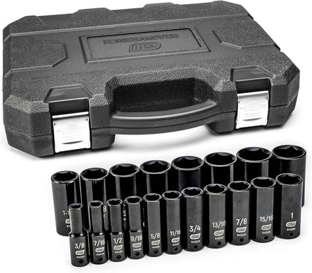 The complete GEARWRENCH 19-piece 1/2-inch drive deep impact socket set (84934N), with all SAE sockets arranged in two rows in front of the closed black blow-molded case.