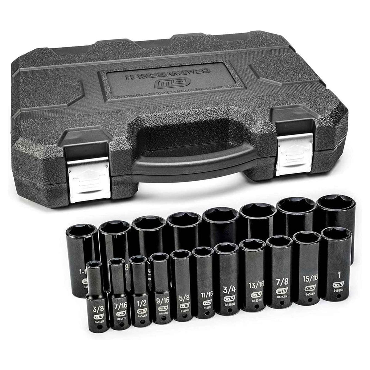 The complete GEARWRENCH 19-piece 1/2-inch drive deep impact socket set (84934N), with all SAE sockets arranged in two rows in front of the closed black blow-molded case.