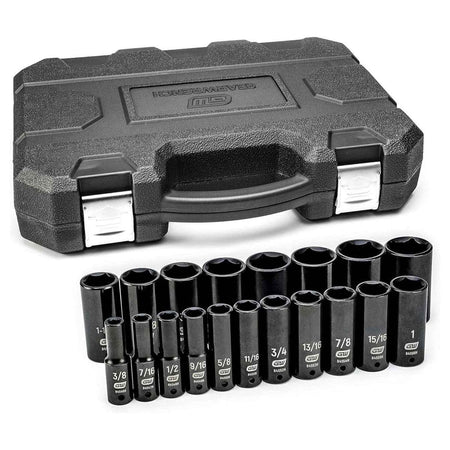 The complete GEARWRENCH 19-piece 1/2-inch drive deep impact socket set (84934N), with all SAE sockets arranged in two rows in front of the closed black blow-molded case.