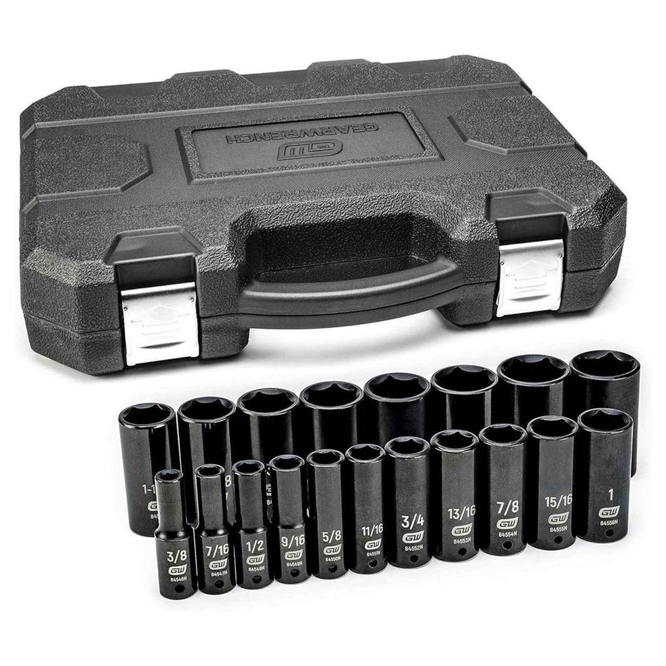 The complete GEARWRENCH 19-piece 1/2-inch drive deep impact socket set (84934N), with all SAE sockets arranged in two rows in front of the closed black blow-molded case.