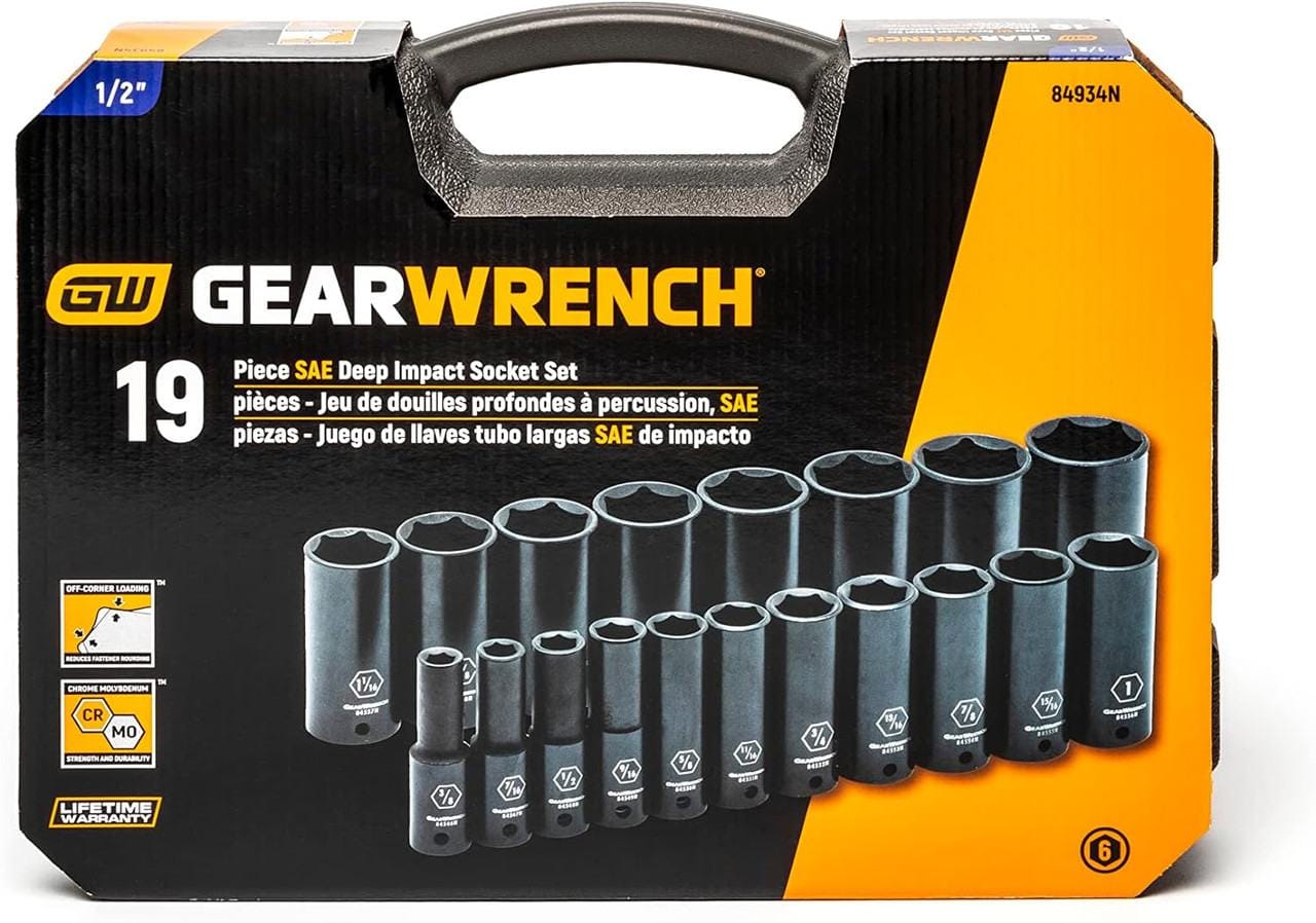 The front of the GEARWRENCH 84934N product packaging, showing the 19-piece SAE deep impact socket set and its black carrying case.