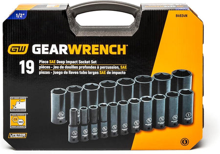 The front of the GEARWRENCH 84934N product packaging, showing the 19-piece SAE deep impact socket set and its black carrying case.