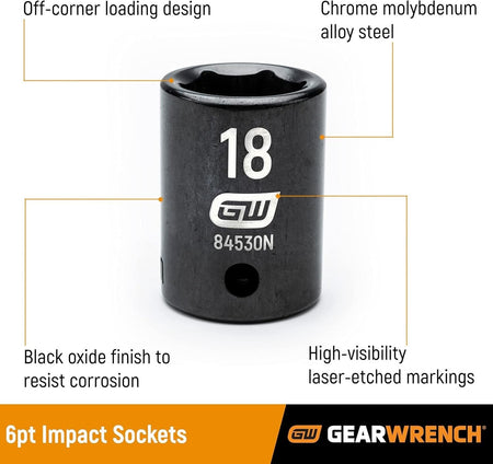 An informational graphic of a GEARWRENCH 18mm impact socket (84530N) with callouts pointing to its features: "Off-corner loading design," "Chrome molybdenum alloy steel," "Black oxide finish," and "High-visibility laser-etched markings."