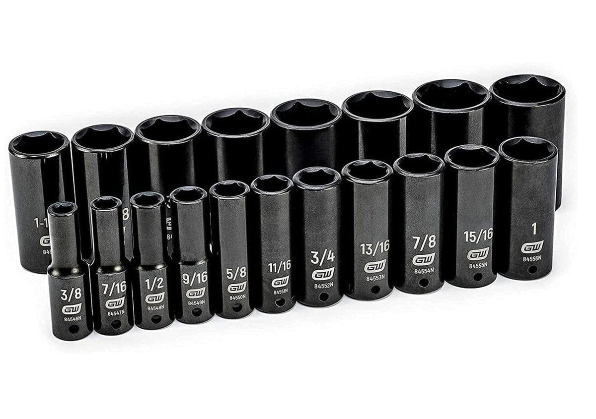 The full set of 19 GEARWRENCH 1/2-inch drive 6-point deep impact SAE sockets, ranging from 3/8-inch to 1-1/2-inch, arranged in two rows on a white background.
