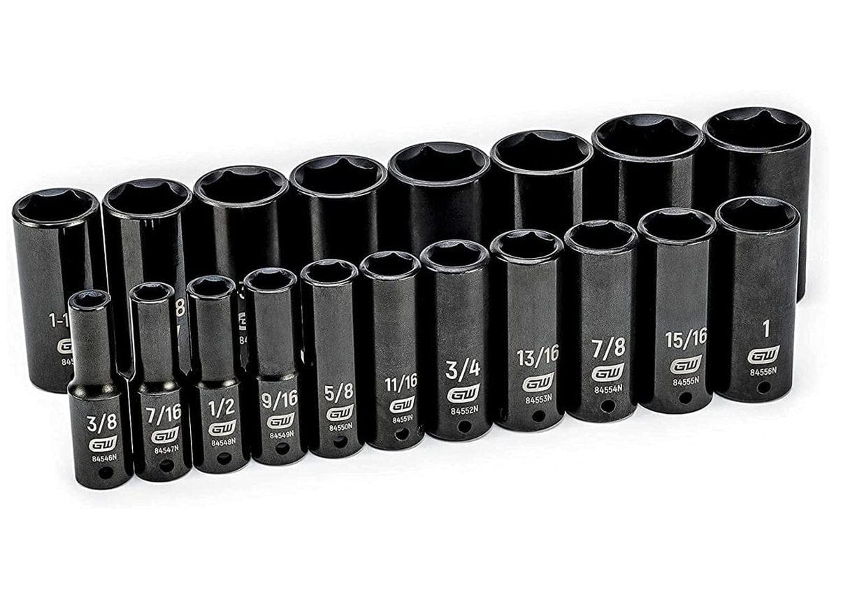 The full set of 19 GEARWRENCH 1/2-inch drive 6-point deep impact SAE sockets, ranging from 3/8-inch to 1-1/2-inch, arranged in two rows on a white background.
