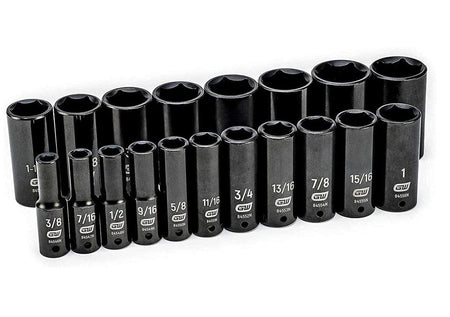 The full set of 19 GEARWRENCH 1/2-inch drive 6-point deep impact SAE sockets, ranging from 3/8-inch to 1-1/2-inch, arranged in two rows on a white background.