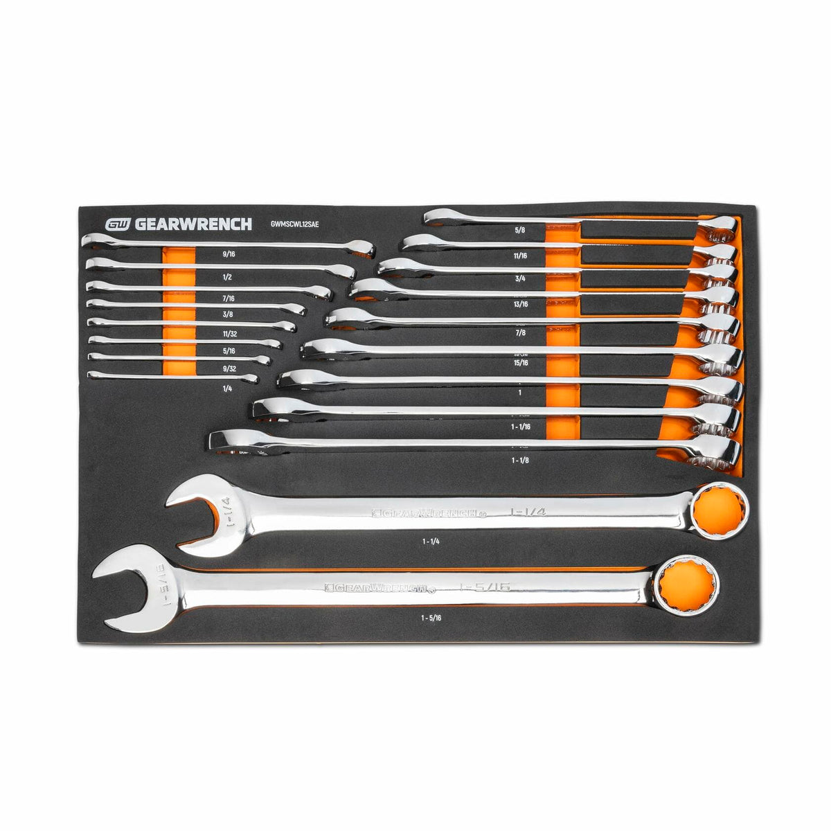 GEARWRENCH combination wrench set in foam tray with labeled slots ranging from 1/4 inch to 1-1/4 inch; orange highlights aid in tool organization and inventory control.