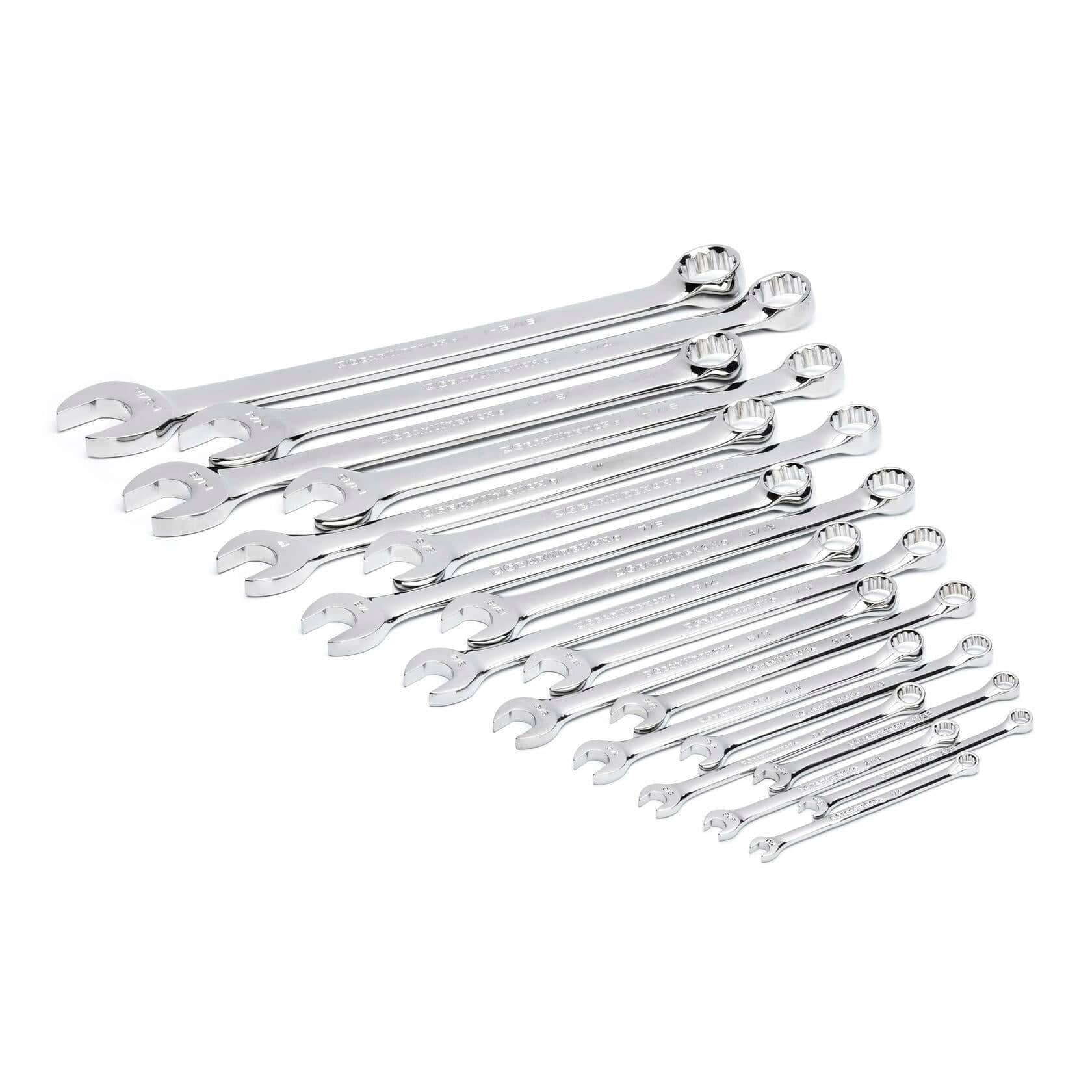 Descending arrangement of polished metal combination wrenches; each tool includes open-end and box-end, suitable for mechanical and automotive repair tasks.