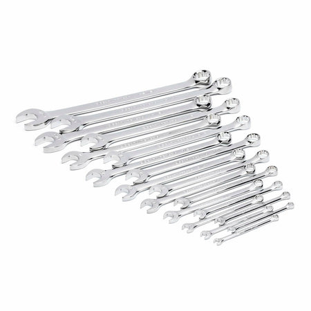 Descending arrangement of polished metal combination wrenches; each tool includes open-end and box-end, suitable for mechanical and automotive repair tasks.