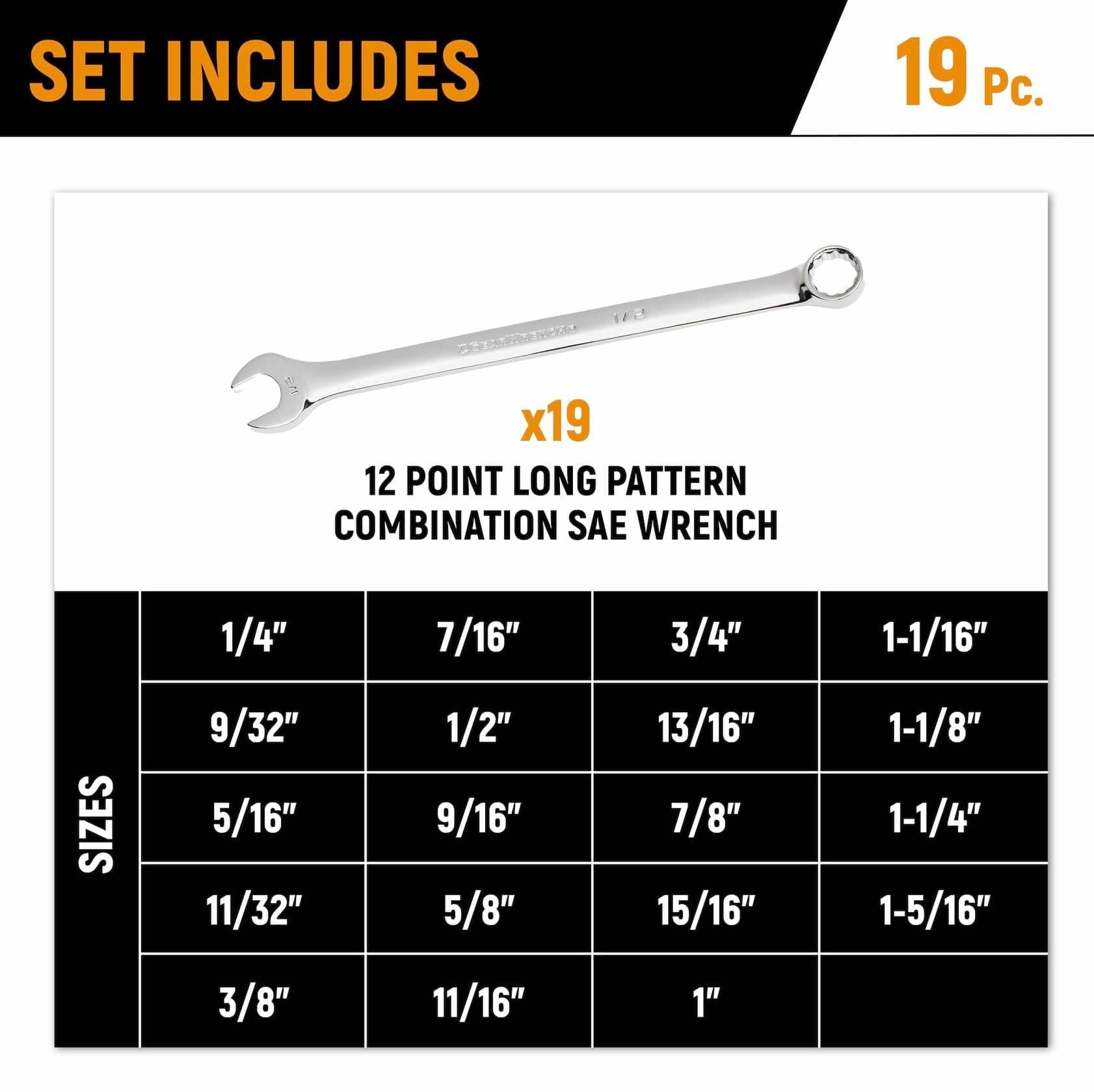 Promotional graphic for GEARWRENCH 19-piece SAE long pattern combination wrench set; includes wrench image and chart listing sizes from 1/4 inch to 1-5/16 inch in 12-point configuration