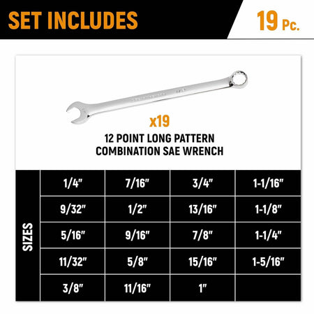 Promotional graphic for GEARWRENCH 19-piece SAE long pattern combination wrench set; includes wrench image and chart listing sizes from 1/4 inch to 1-5/16 inch in 12-point configuration