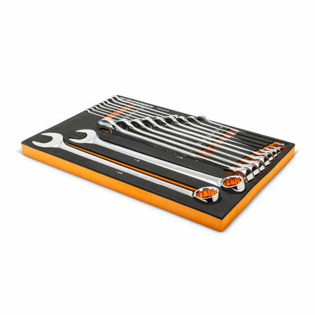 Polished chrome combination wrenches arranged in ascending order in foam tray with black top and orange bottom; each wrench features open-end and box-end design