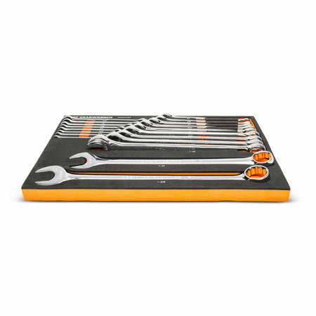 CRAFTSMAN combination wrench set organized in black foam tray with orange edges; wrenches arranged by size with labeled slots for quick identification.