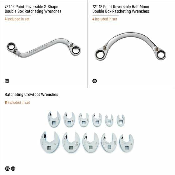 Promotional layout showing three GEARWRENCH wrench types: S-shape double box ratcheting, half-moon double box ratcheting, and crowfoot wrenches; each labeled with SAE sizing and piece count.