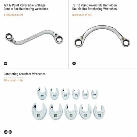 Promotional layout showing three GEARWRENCH wrench types: S-shape double box ratcheting, half-moon double box ratcheting, and crowfoot wrenches; each labeled with SAE sizing and piece count.