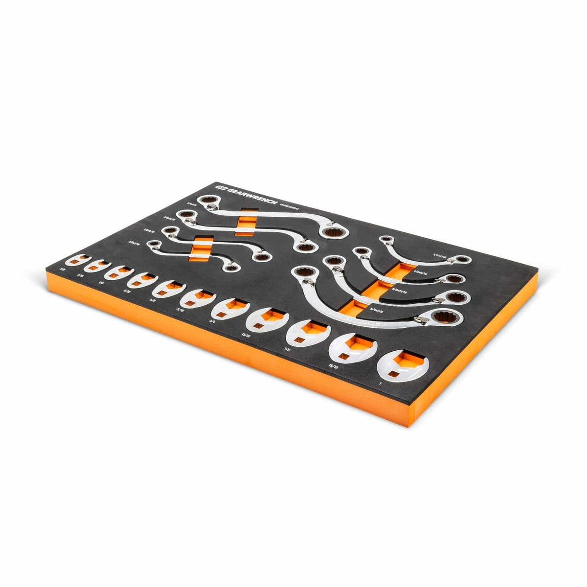 GEARWRENCH combination wrenches arranged in ascending order from 6mm to 32mm in a black foam tray with orange highlights; each wrench features box-end and open-end design.