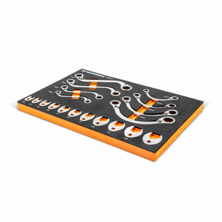 GEARWRENCH combination wrenches arranged in ascending order from 6mm to 32mm in a black foam tray with orange highlights; each wrench features box-end and open-end design.