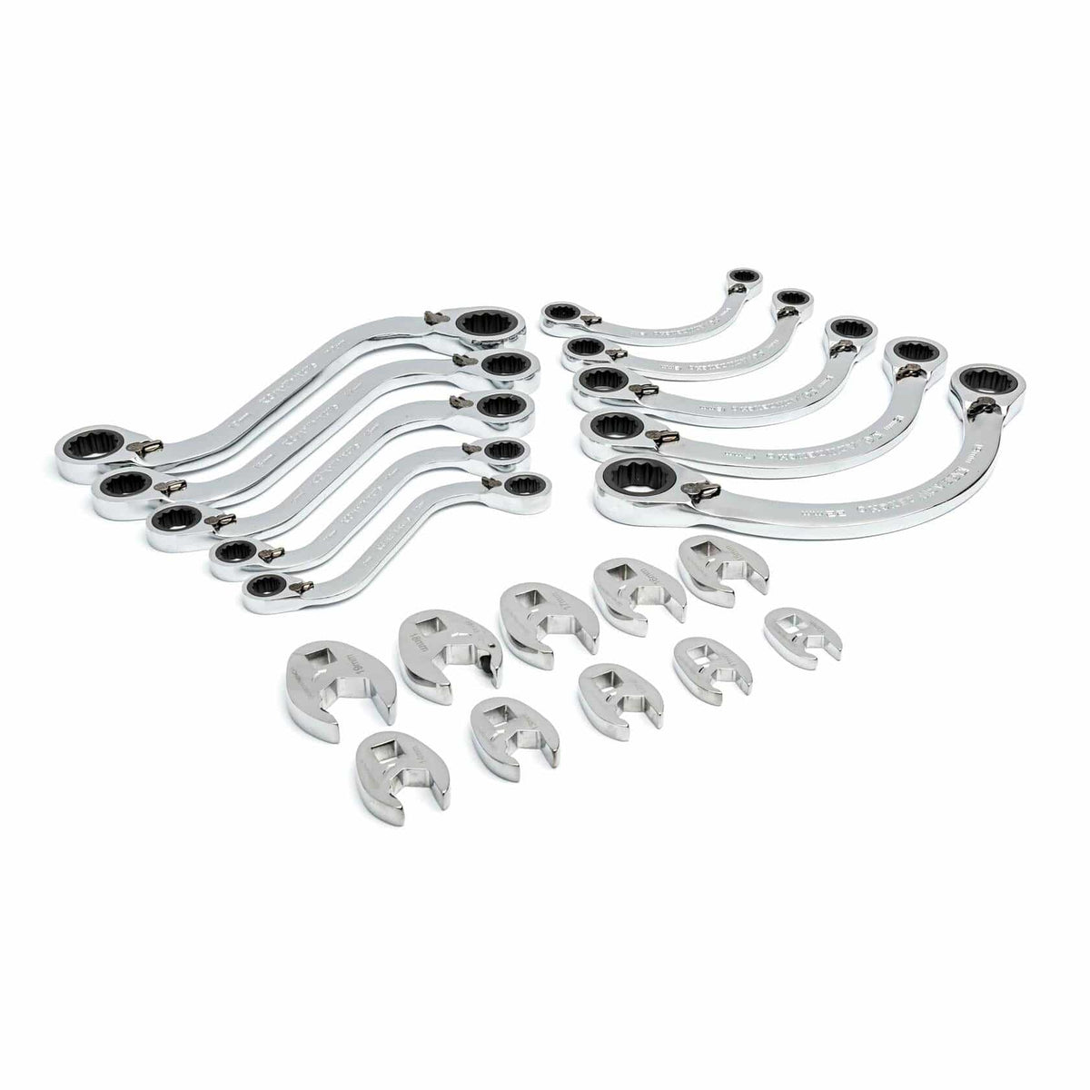 Set of GEARWRENCH ratcheting flare nut wrenches and crowfoot wrenches arranged in rows; polished chrome tools designed for accessing flare nuts in tight automotive or plumbing spaces.