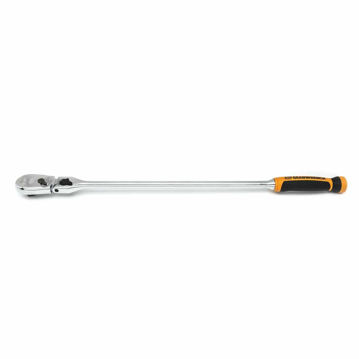 Polished chrome ratchet wrench with long handle and black/orange ergonomic grip. Square drive head for socket attachment. GEARWRENCH branding visible. Designed for high-torque mechanical work.