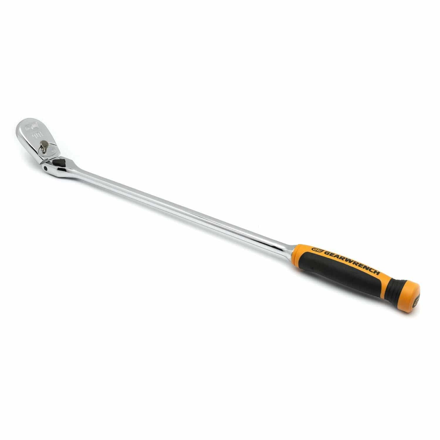 GEARWRENCH ratchet wrench with extended handle and black/orange comfort grip. Chrome-finished head and shaft. Used for loosening or tightening bolts with increased leverage and control.