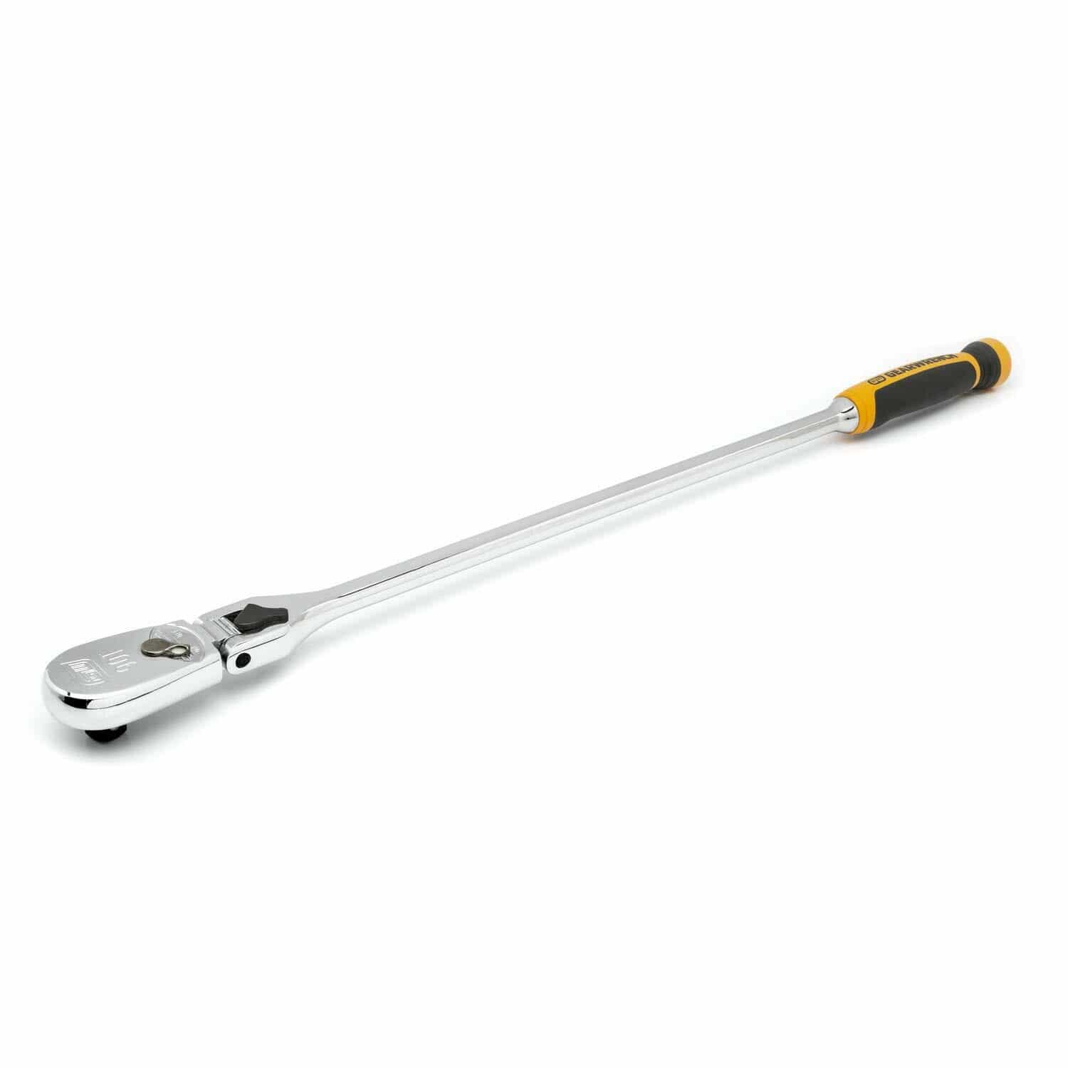 Long-handled ratchet wrench with chrome finish and black/yellow grip. Features directional switch and square drive socket head. Built for mechanical tasks requiring torque and reach in tight spaces.