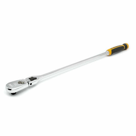 Long-handled ratchet wrench with chrome finish and black/yellow grip. Features directional switch and square drive socket head. Built for mechanical tasks requiring torque and reach in tight spaces.