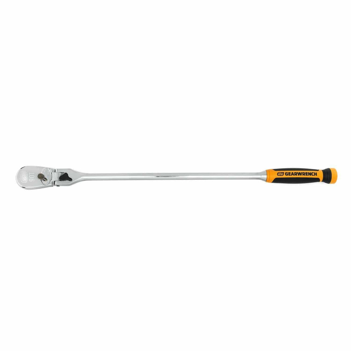 GEARWRENCH long-handled ratchet wrench with polished chrome finish and black/orange comfort grip. Ratchet head on left, handle on right. Designed for high-torque applications and extended reach.
