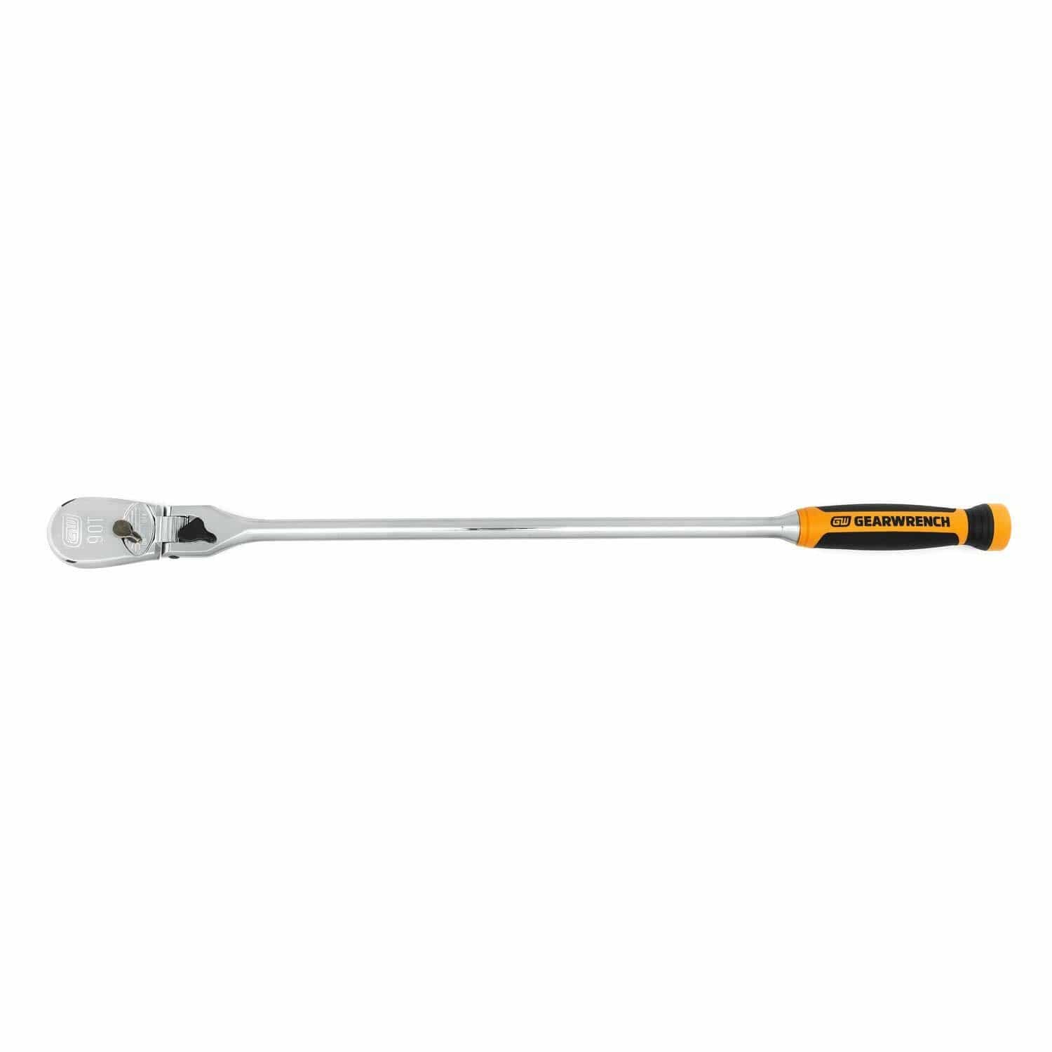 GEARWRENCH long-handled ratchet wrench with polished chrome finish and black/orange comfort grip. Ratchet head on left, handle on right. Designed for high-torque applications and extended reach.