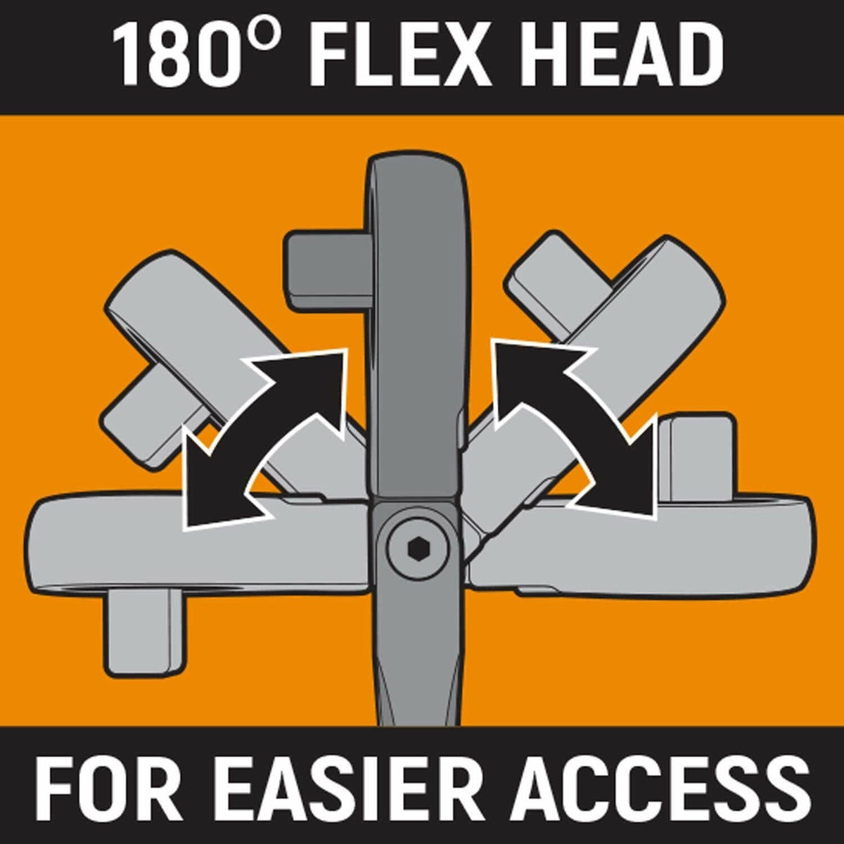 Diagram of a ratchet head rotating through a 180° range. Arrows show pivoting motion for flexible access. Text emphasizes “180° Flex Head” for easier reach in tight or angled workspaces.