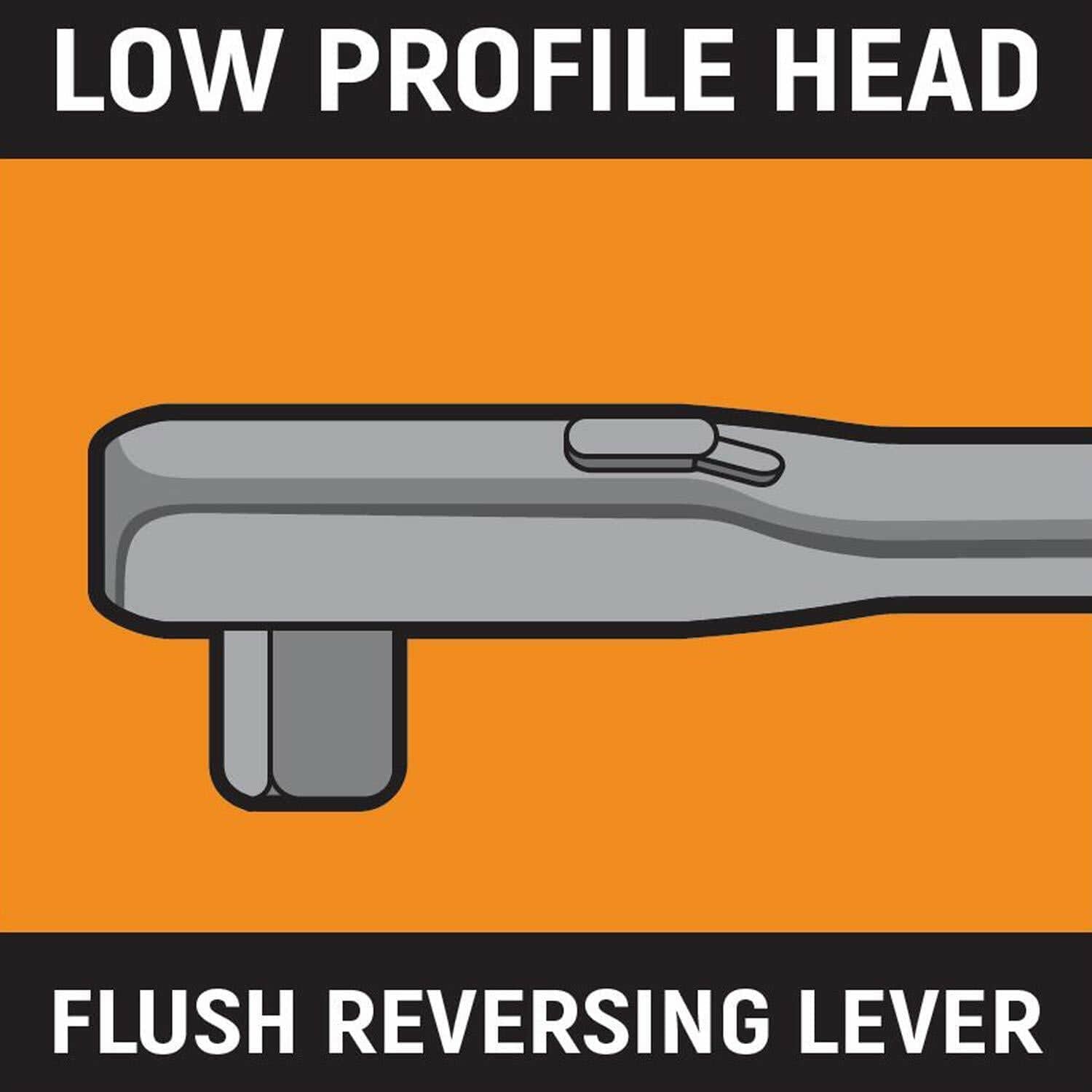 Graphic of a ratchet wrench with a low-profile head and flush reversing lever. Text emphasizes compact design for tight spaces and streamlined directional control.