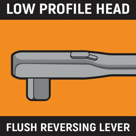 Graphic of a ratchet wrench with a low-profile head and flush reversing lever. Text emphasizes compact design for tight spaces and streamlined directional control.