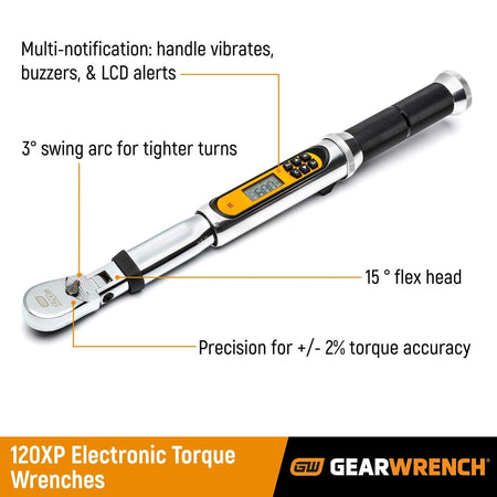 GEARWRENCH 1/2" Drive 120XP Electronic Torque Wrench with flex head, LCD display, 250 ft-lb torque, and vibration alerts