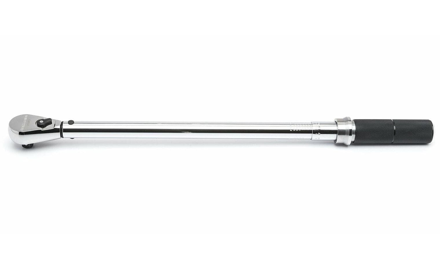 This image shows a long, chrome-plated torque wrench laid horizontally against a white background. The right end features a textured black grip, while the left end has a ratchet head with a small black lever.
