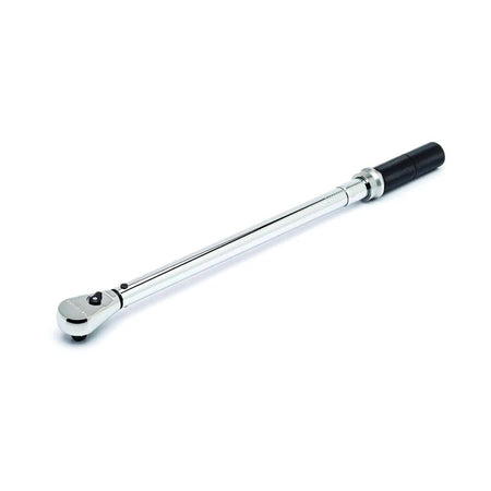 This image displays a chrome-plated torque wrench positioned diagonally, pointing from the lower left to the upper right against a white background. The right end features a black, textured handle, and the left end has a silver ratchet head with a small black lever.