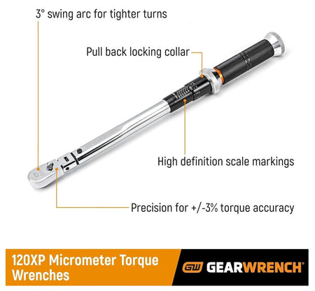 GEARWRENCH 1/4" Drive 120XP Micrometer Torque Wrench 85171 with Features and Benefits Icons