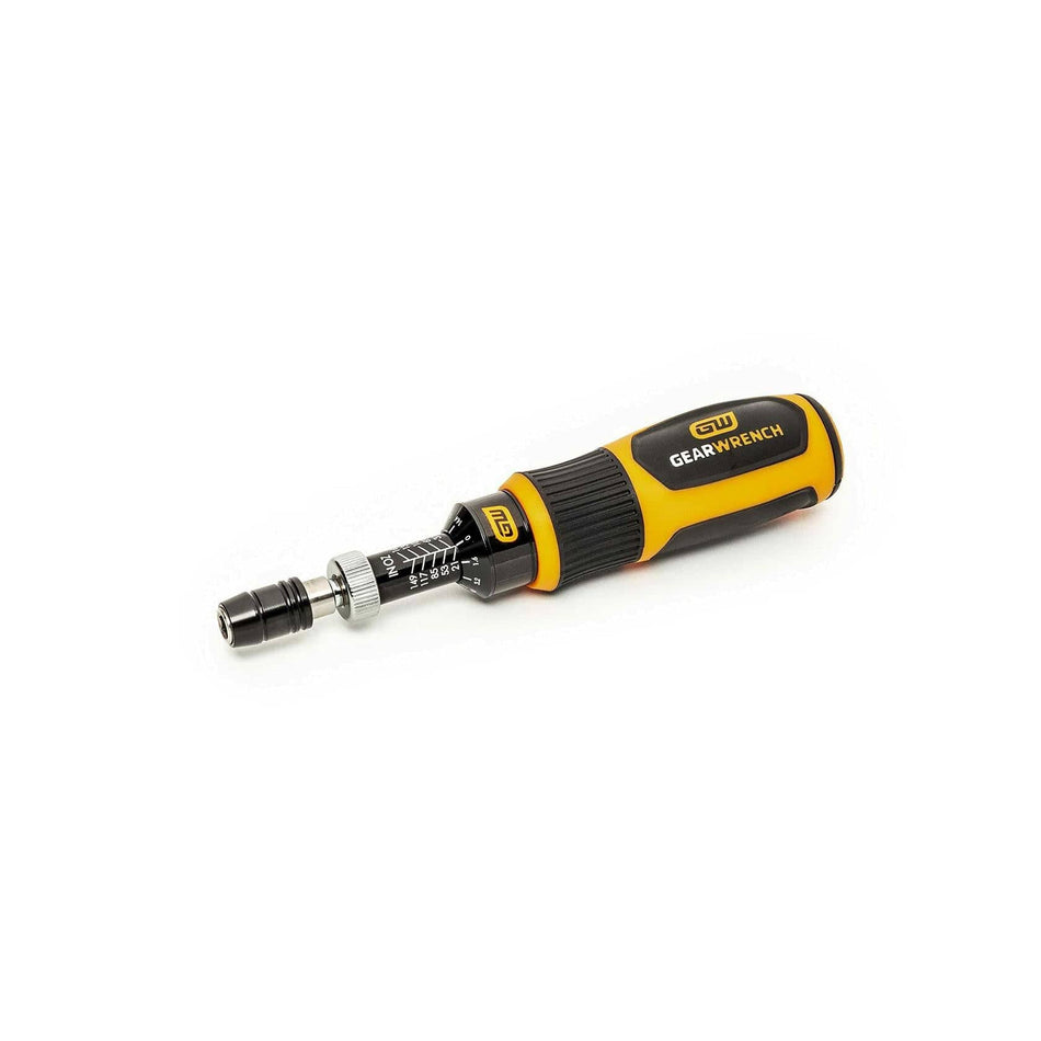 A three-quarter view of the GEARWRENCH 1/4 inch drive torque screwdriver, highlighting the quick release bit holder and the torque adjustment scale.