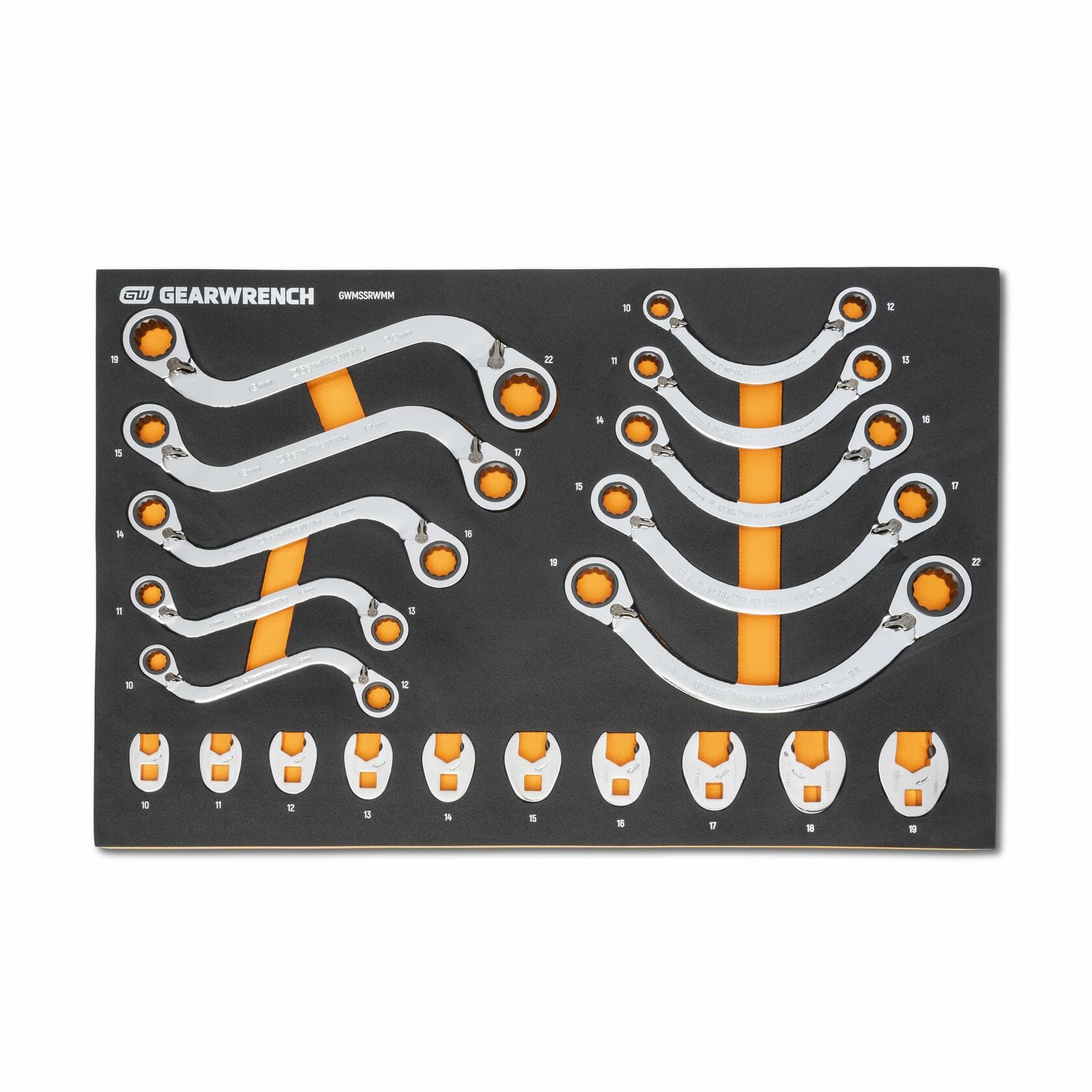 GEARWRENCH double-ended ratcheting wrenches organized in a foam tray with labeled slots ranging from 8 to 19mm; curved and standard designs arranged in two rows for modular tool storage.