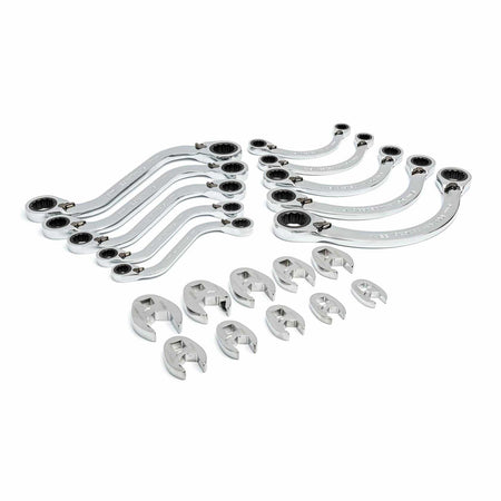 Set of crowfoot wrenches and ratcheting flare nut wrenches arranged in rows; chrome tools designed for tight-space access in automotive or plumbing work.