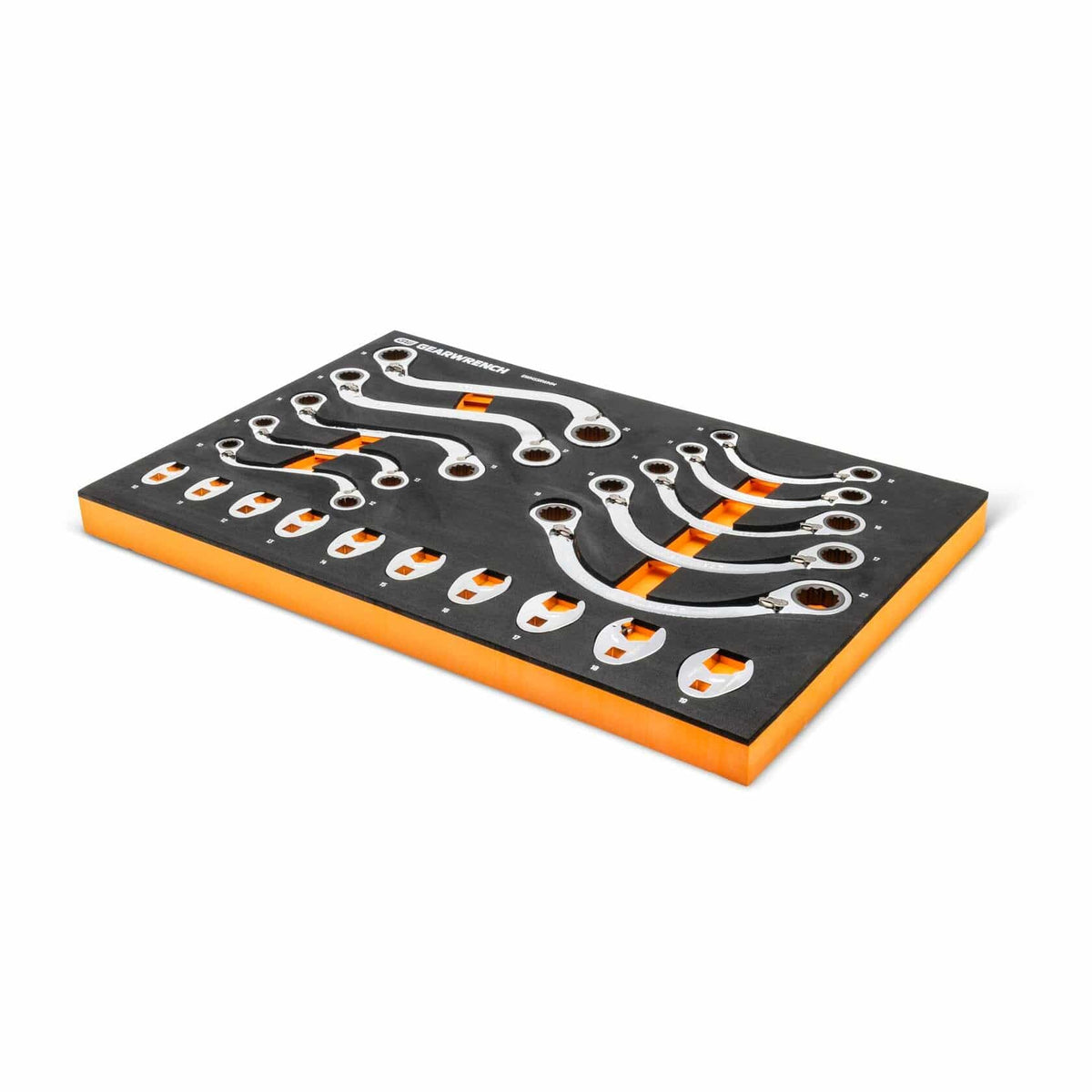 GEARWRENCH combination wrench set organized in a foam tray with black top and orange bottom layers; wrenches arranged by size with open-end and box-end design for mechanical applications."