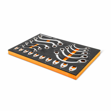 GEARWRENCH combination wrench set organized in a foam tray with black top and orange bottom layers; wrenches arranged by size with open-end and box-end design for mechanical applications."