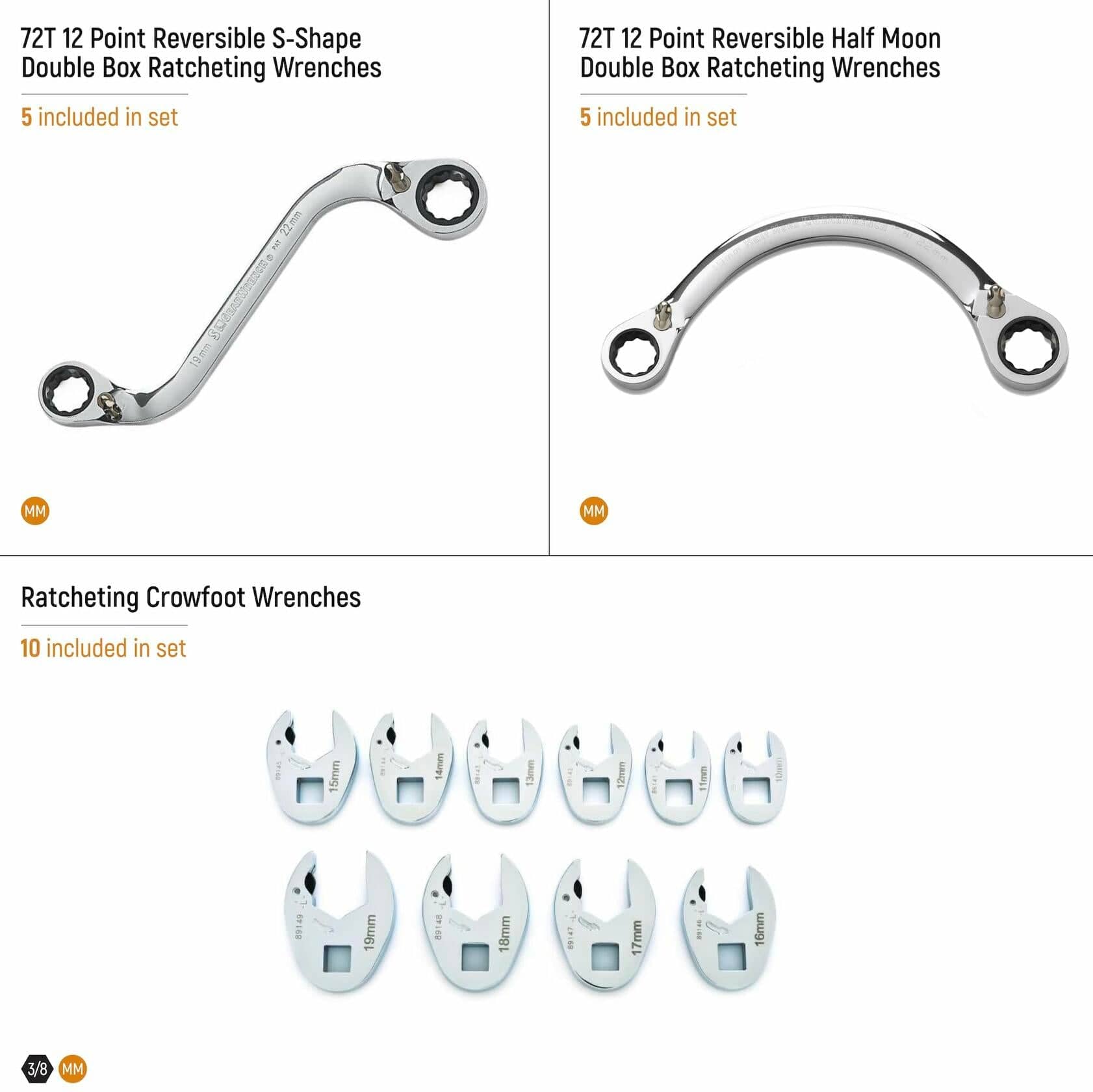 Promotional layout showing three GEARWRENCH wrench sets: S-shape double box ratcheting, half-moon double box ratcheting, and crowfoot wrenches; each labeled with metric sizing and piece count.
