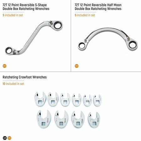 Promotional layout showing three GEARWRENCH wrench sets: S-shape double box ratcheting, half-moon double box ratcheting, and crowfoot wrenches; each labeled with metric sizing and piece count.