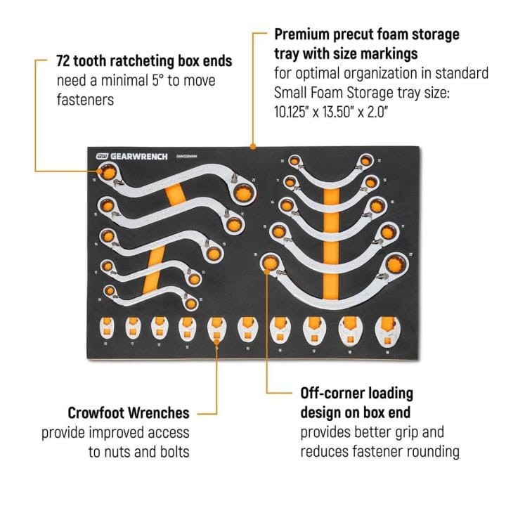 GEARWRENCH ratcheting crowfoot wrenches organized in a foam tray with labeled size markings; designed for improved access in tight spaces with off-corner loading and 72-tooth ratcheting box ends