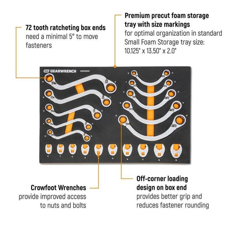 GEARWRENCH ratcheting crowfoot wrenches organized in a foam tray with labeled size markings; designed for improved access in tight spaces with off-corner loading and 72-tooth ratcheting box ends