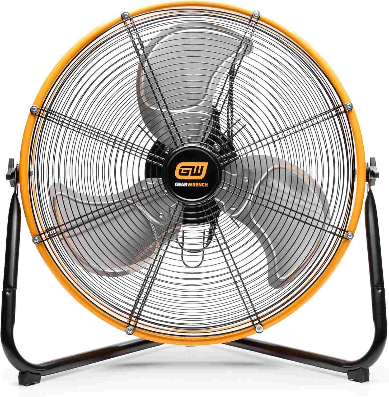 Front view of the GEARWRENCH 20-inch 3-speed high velocity industrial shop fan showcasing the powder-coated orange metal frame, black safety grill, and durable silver blades.